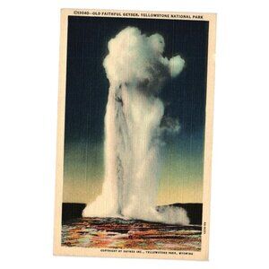 Vintage Postcard Of Old Faithful Geyser Yellowstone National Park Linen Tourism